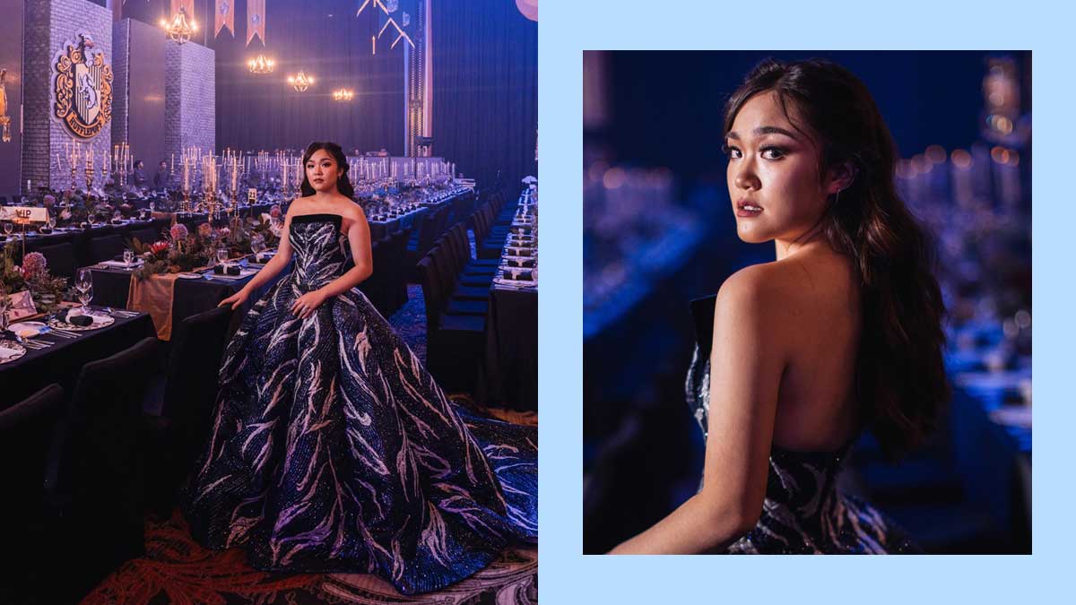 Alyanna Gopez in a strapless dark gown stands in a banquet hall decorated like Hogwarts’ Great Hall at the Spouses Gopez celebration, accompanied by a close-up portrait of her looking over her shoulder